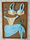 Conjunto de Maiô Biquíni de 3 Peças com Amarração, Estampa Floral Xadrez Azul