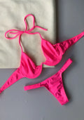 Conjunto de Biquíni Arco Inteiro e Tanga Barrinha Fio Dental Rosa Neon