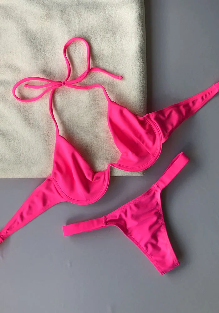 Conjunto de Biquíni Arco Inteiro e Tanga Barrinha Fio Dental Rosa Neon