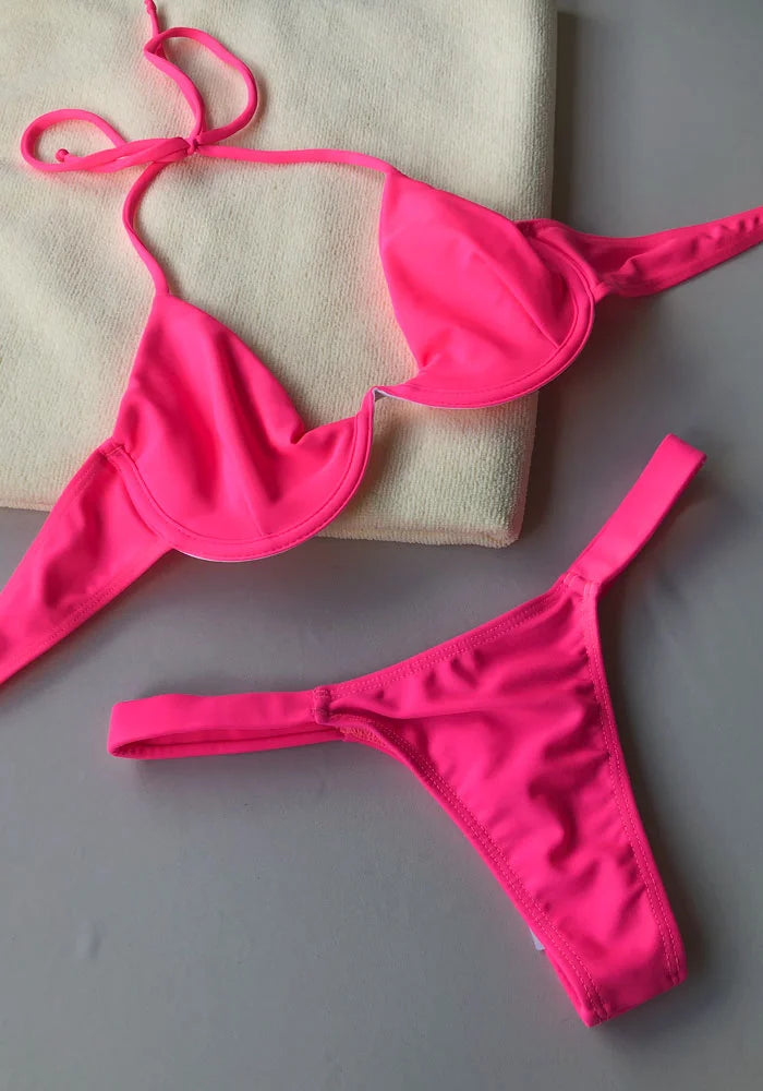 Conjunto de Biquíni Arco Inteiro e Tanga Barrinha Fio Dental Rosa Neon